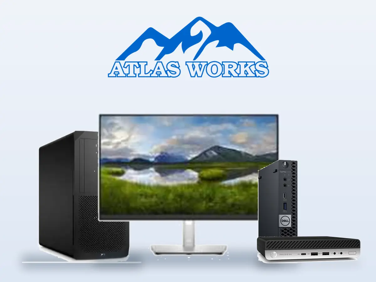Het Atlas Works-logo boven desktops en een monitor uit ons assortiment